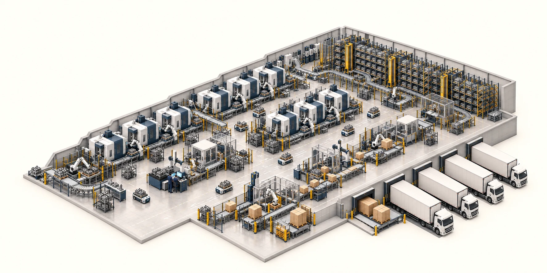 Concept illustration of an advanced manufacturing factory with CNC machines, robotics, and shipping automation.